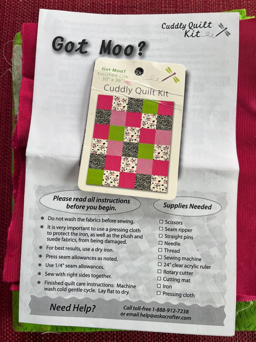 Cuddly Quilt Kit "Got Moo?" Patchwork Quilt Kit - Pink & Green